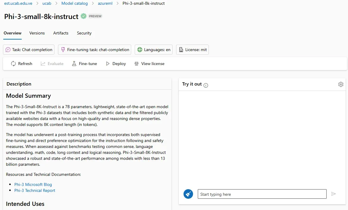 Azure ML Studio showing Microsoft Phi-3 model deployment