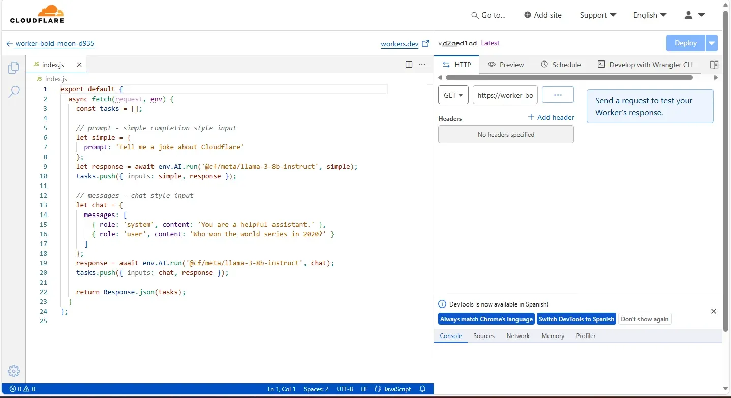 Cloudflare AI Workers dashboard showing deployed Whisper and Llama 3 models