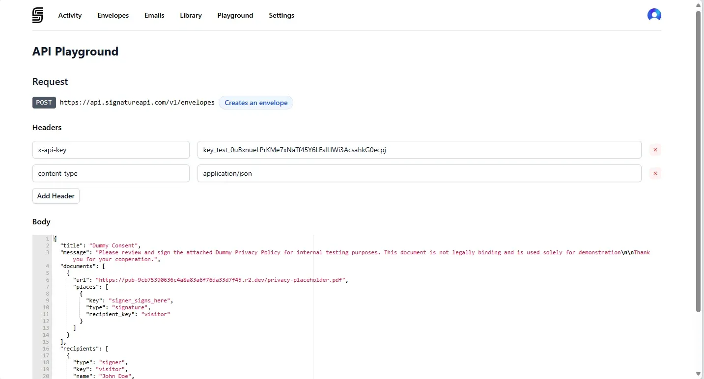 SignatureAPI playground interface for testing API features